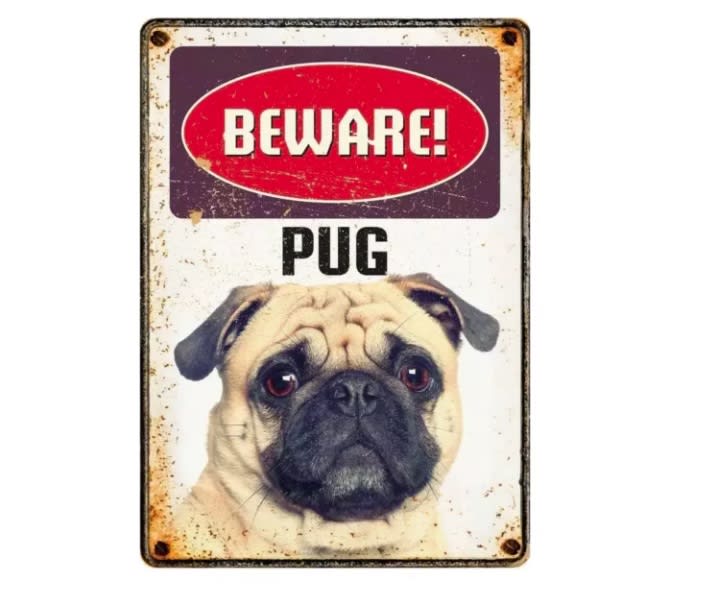 Metallskilt Beware Pug 21x14,8cm