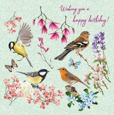 Kort Wishing you a Happy Birthday Fugler 13,7x13,7cm